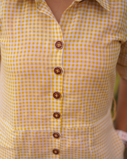 Yellow Checked Linen Shirt Dress