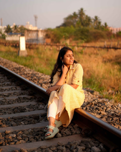 Yellow Checked Linen Shirt Dress