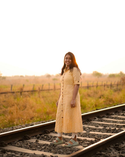 Yellow Checked Linen Shirt Dress