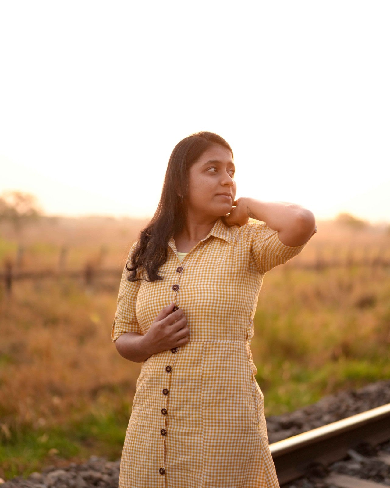 Yellow Checked Linen Shirt Dress