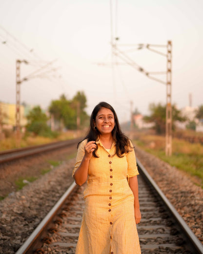 Yellow Checked Linen Shirt Dress