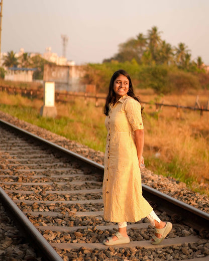 Yellow Checked Linen Shirt Dress