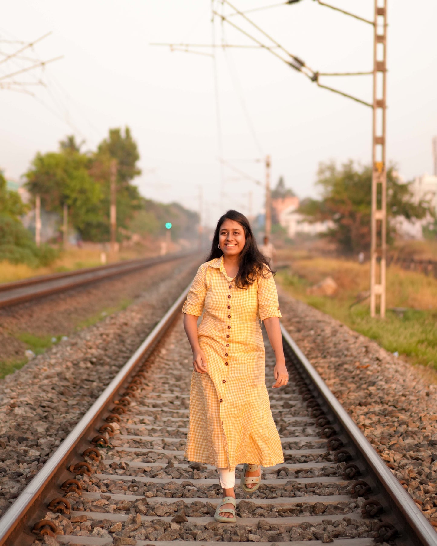 Yellow Checked Linen Shirt Dress